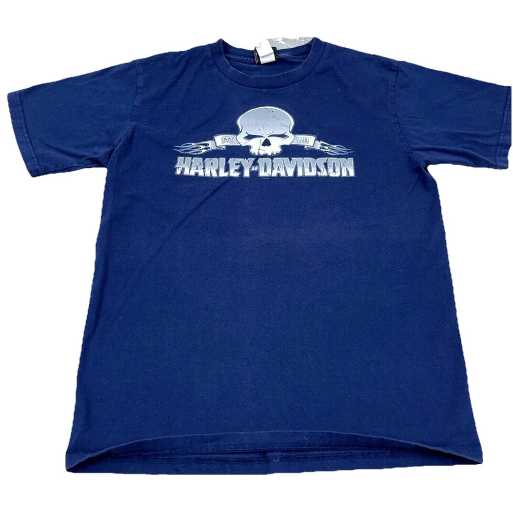 Vintage Harley Davidson Shirt Men Large Blue Tee Biker Skull Tattoo Y2K USA Navy